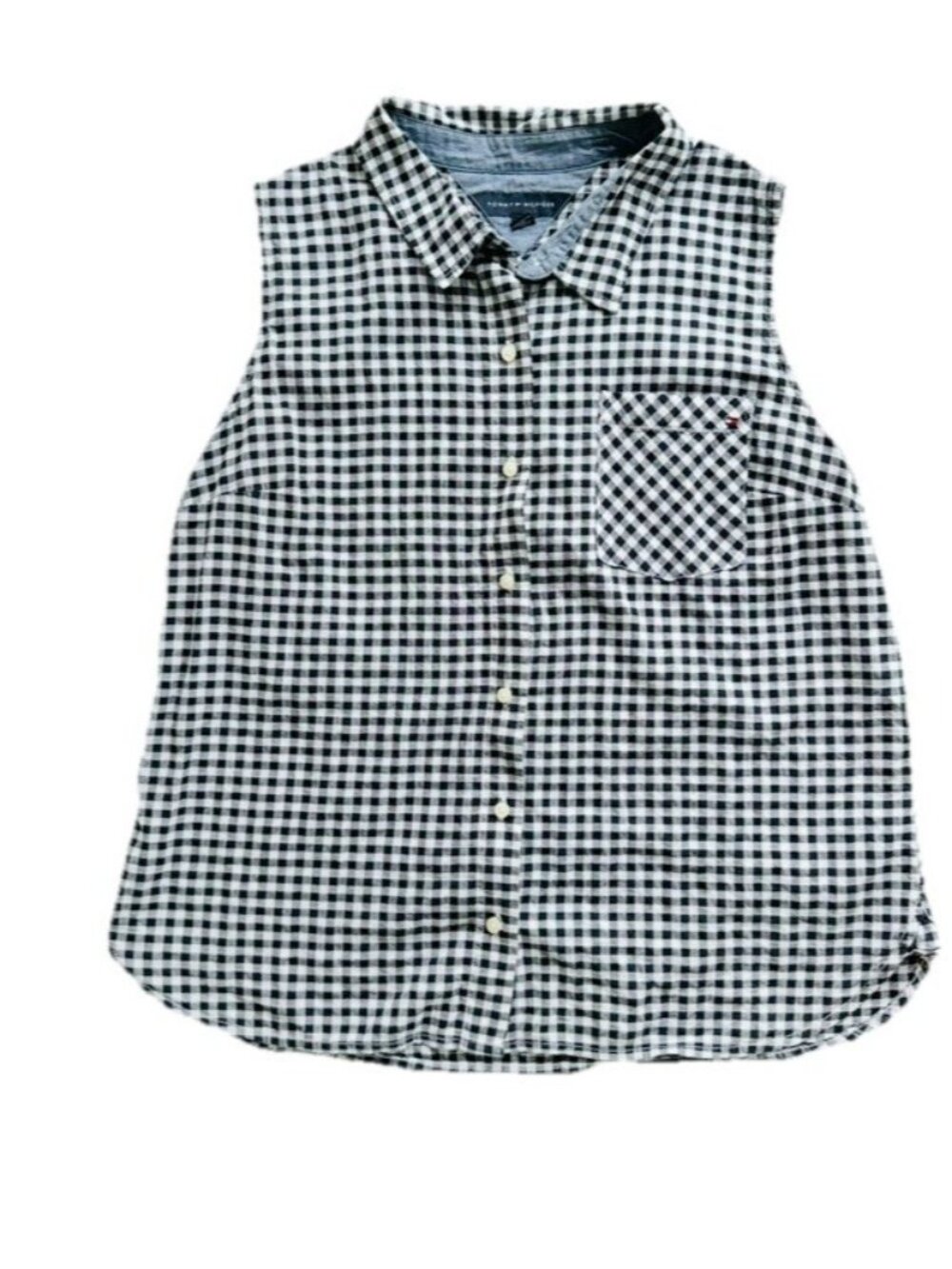 TOMMY HILFIGER Black White Checked Sleeveless Collared Button-Up TOP Gingham L